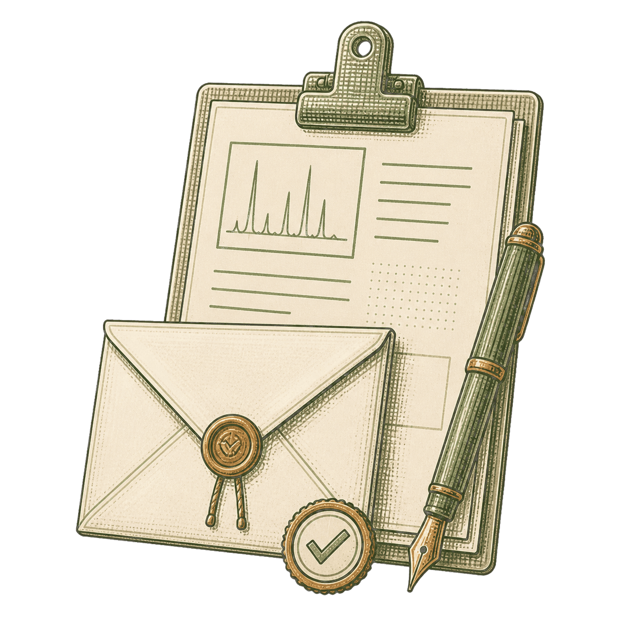 Professional inquiry envelope with a laboratory form, pen, and verification seal