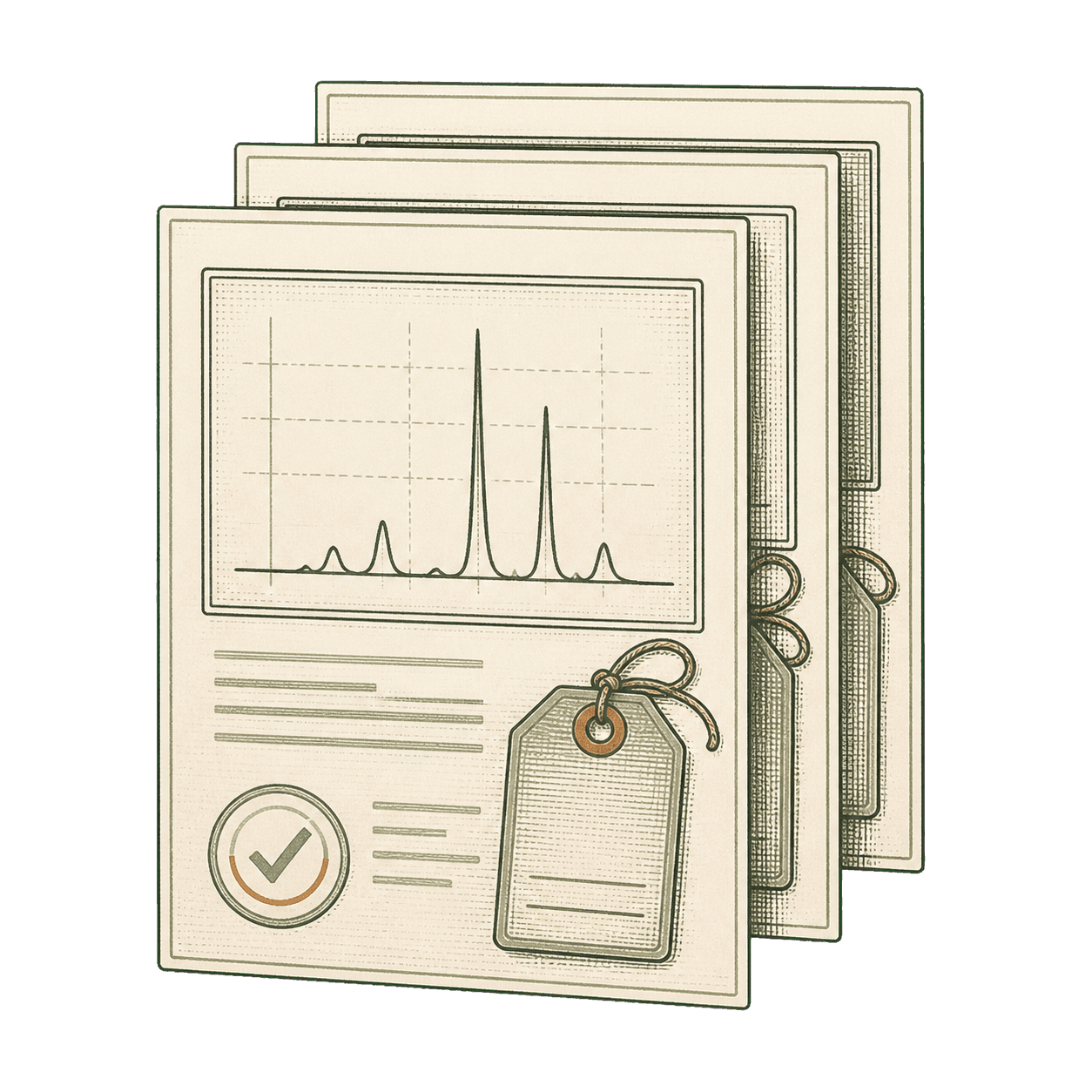 Illustration of stacked batch records with a chromatogram, lot tag, and verification seal