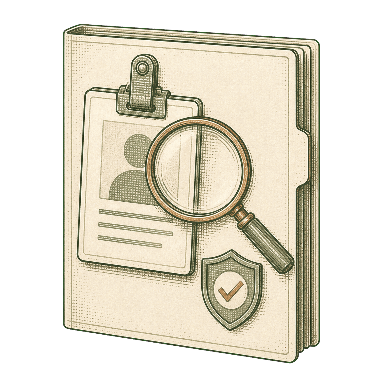 Illustration of an account dossier, identity credential, magnifying lens, and approval shield